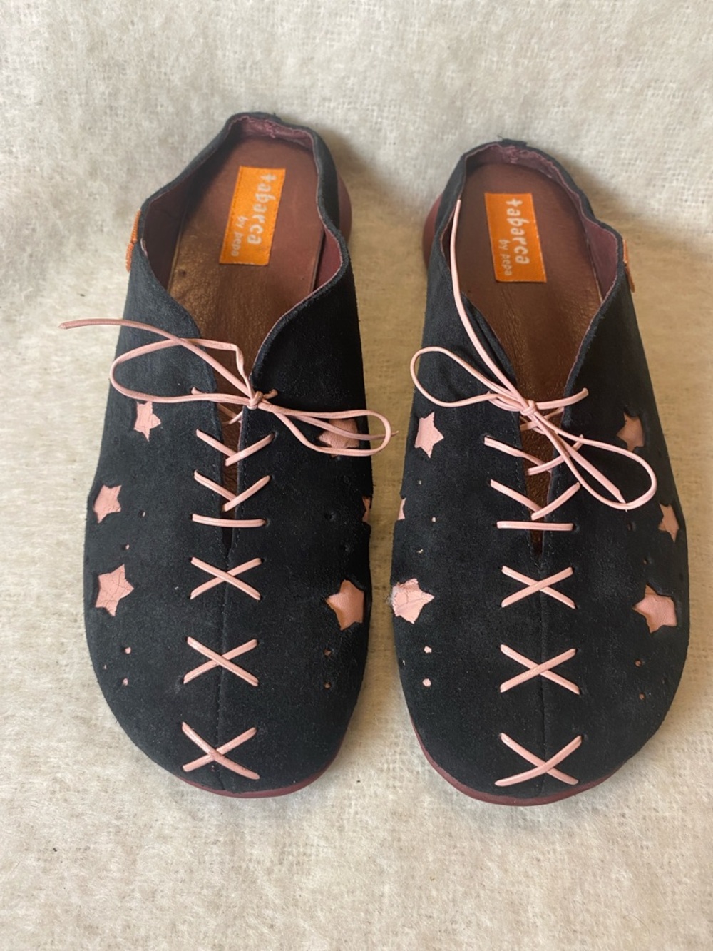 Black Suede Star-Cut Lace-Up Mules with Pink Accents